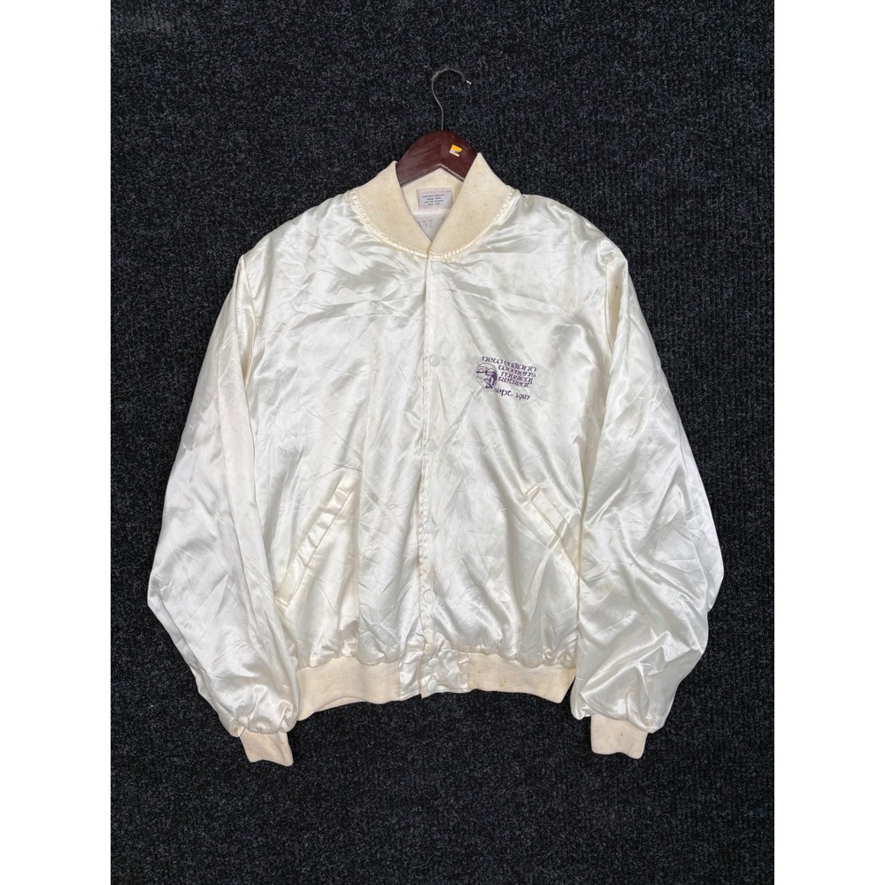 Vintage 1987 Birdie Richard A Leslie Satin Bomber Jacket Cream Large 80s USA